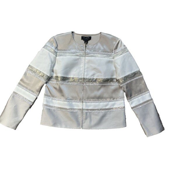 St. John Women Sz 6 Full Zip Limestone White Gold Hand Beaded Silk Lined Jacket